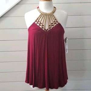 Burgundy and Gold Tank with Jeweled Cut Out Detail